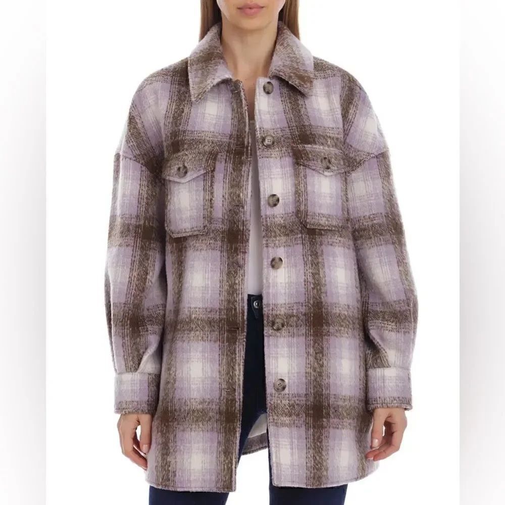 Avec Les Filles Womens Plaid Shirt Jacket Brown Lavender Medium NWT